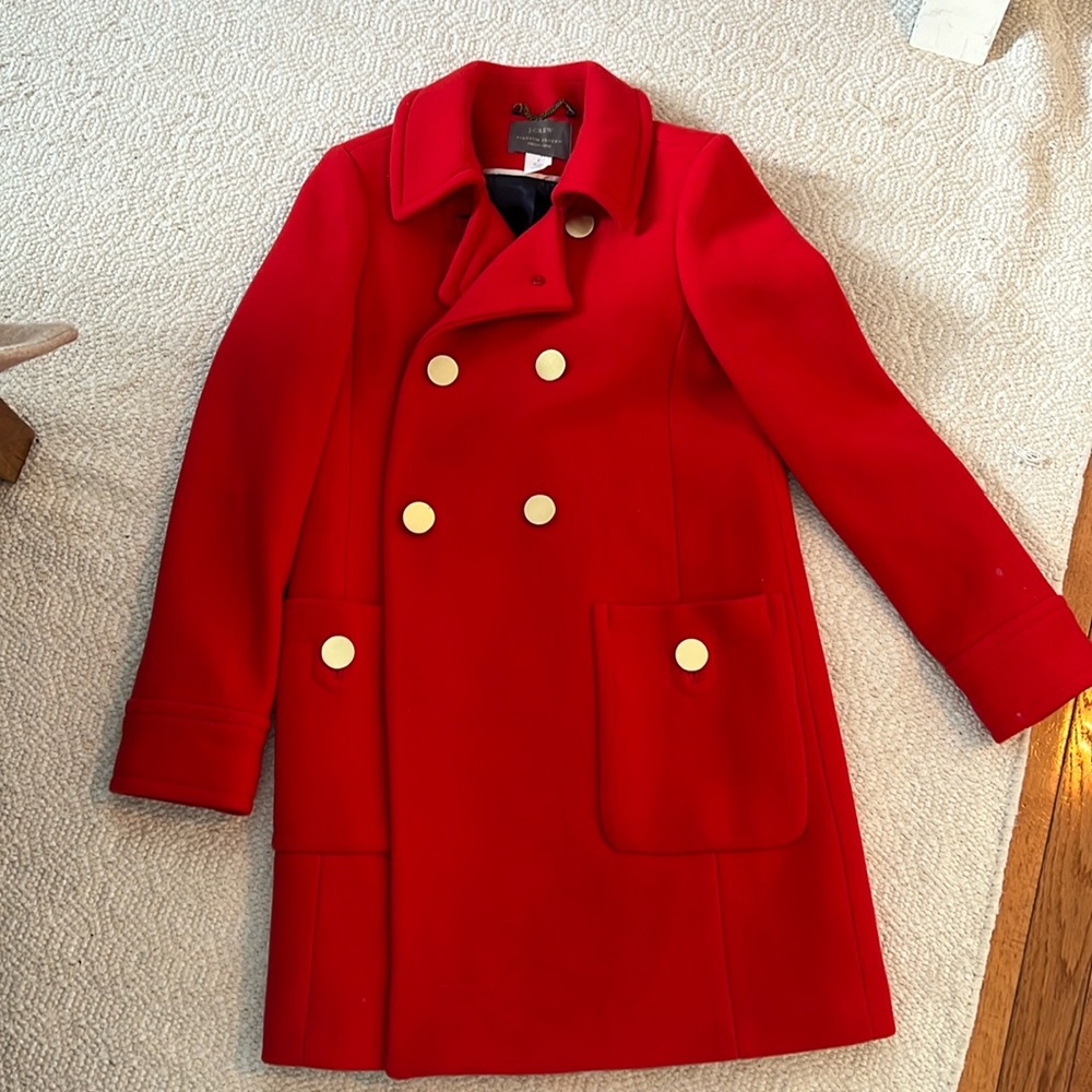 Like new J. Crew red wool coat with gold buttons